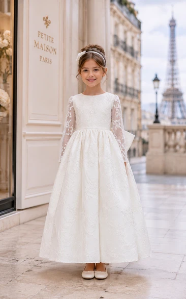 A-line Floor Length Long Sleeve Illusion Lace Flower Girl Dress with White long lace sleeves with satin skirt and bow