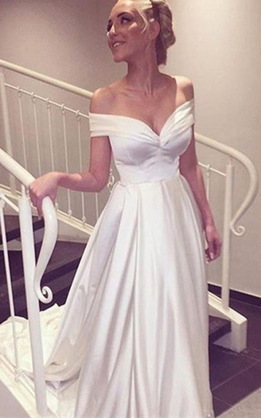 Sweetheart Off The Shoulder Long Simple Wedding Dress With Train