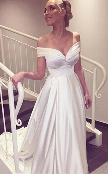 Sweetheart Off The Shoulder Long Simple Wedding Dress With Train