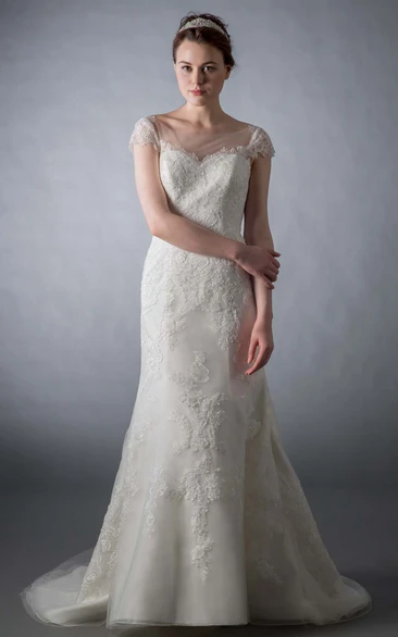 Mermaid Cap Sleeve Appliqued Bateau Neck Tulle Wedding Dress