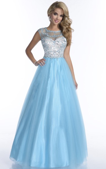 Tulle Cap Sleeve Rhinestone Bodice A-Line Illusion Back Prom Dress