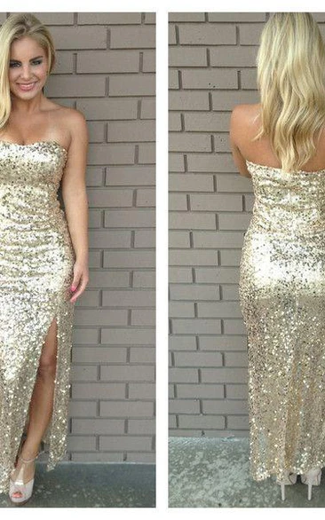 Beautiful Sequins Strapless Front Split Prom Dress Floor-Length on Sale