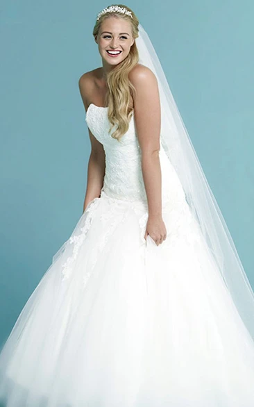 A-Line Sleeveless Strapless Appliqued Maxi Tulle Wedding Dress