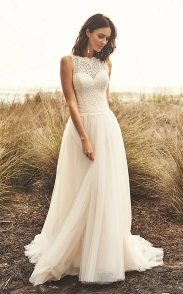 Illusion Button Back Sleeveless Jewel Neckline And Court Train Lace Tulle Simple Wedding Dress