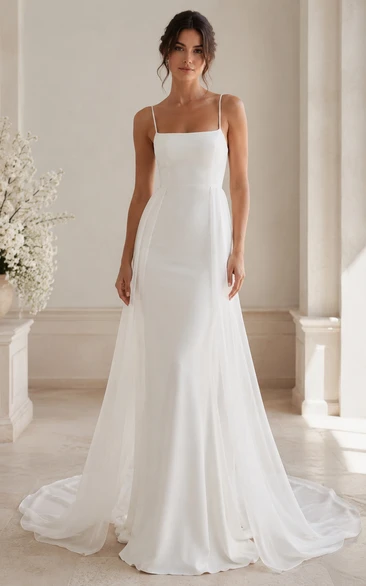 Square Neck Simple A-Line Wedding Dress with Spaghetti Straps and Train