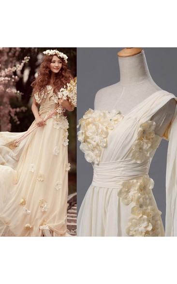Newest One Shoulder Flowers Wedding Dress A-line Chiffon