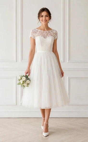 Ivory Lace Illusion Cap Sleeve Tulle Tea-length Wedding Dress