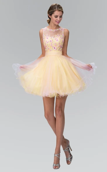 Muti-Color A-Line Mini Jewel-Neck Sleeveless Tulle Dress With Appliques And Appliques