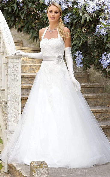 A-Line Sleeveless Long Halter Appliqued Tulle Wedding Dress With Flower