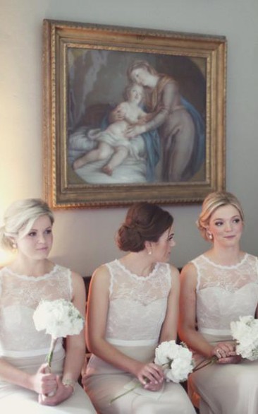 Modern Illusion A-line Lace Champagne Bridesmaid Dress Zipper Bowknot