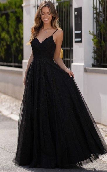 Sexy Sleeveless Floor-length A Line Tulle Deep-V Back Prom Dress with Ruching
