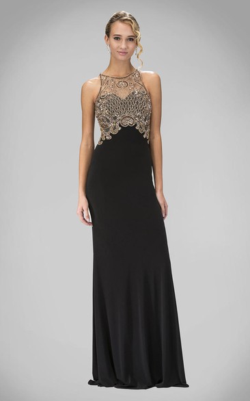 Sheath Long Scoop-Neck Sleeveless Jersey Illusion Dress With Beading