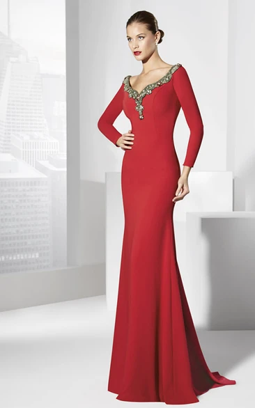 Sheath Long-Sleeve Floor-Length V-Neck Jersey Prom Dress