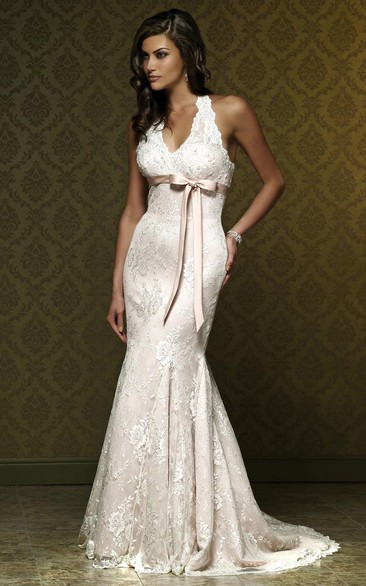 Sheath Appliqued Sleeveless Maxi V-Neck Lace Wedding Dress With Bow And Pleats