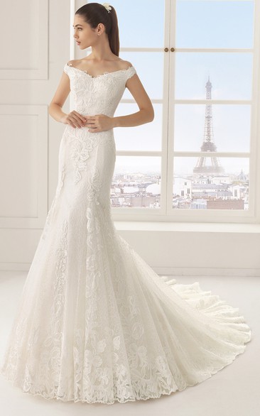 Unique Off-Shoulder Lace Bridal Dress With Chapel Train