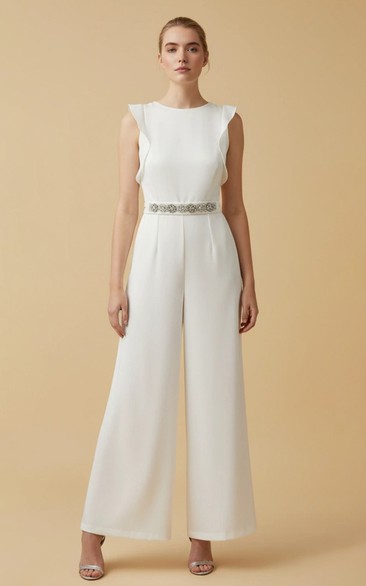 Ruffled Sleeveless Wide Leg Wedding Jumpsuit with Belt