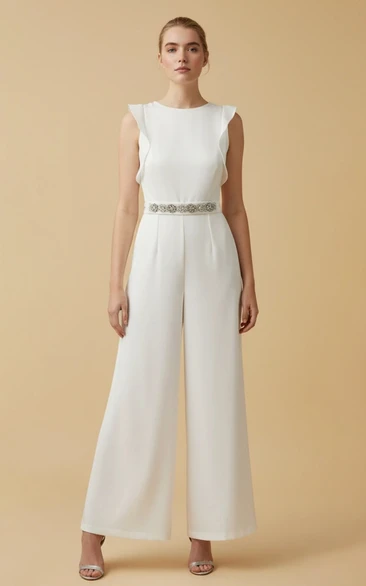 Ruffled Sleeveless Wide Leg Wedding Jumpsuit with Belt