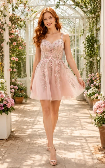 Minivestido de fiesta de graduación de corte A con apliques florales de tul rosa rubor