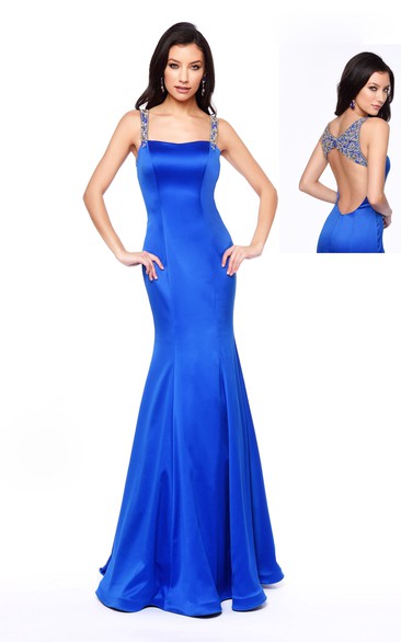 Sheath Floor-Length Spaghetti Sleeveless Satin Keyhole Dress With Beading