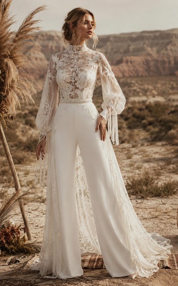 Boho High Neck Lace Bridal Jumpsuit with Fringe Sleeves, Wide-Leg Pants & Dramatic Sheer Overskirt