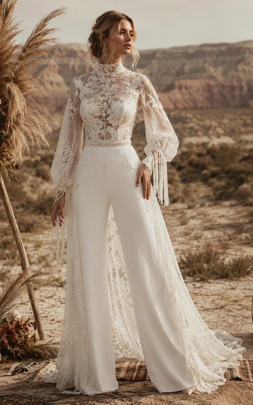 Boho High Neck Lace Bridal Jumpsuit with Fringe Sleeves, Wide-Leg Pants & Dramatic Sheer Overskirt