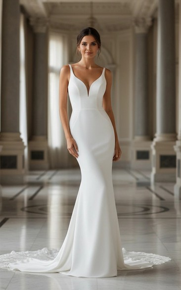 Simple Sheath V-Neck Mermaid Wedding Dress with Court Train