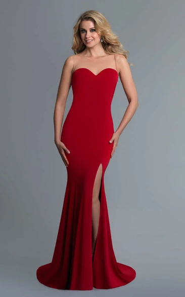 Sheath Sweetheart Sleeveless Jersey Illusion Dress With Split Front