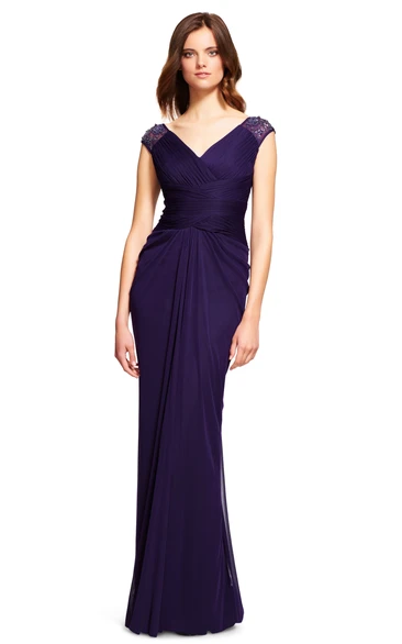 Pencil Cap-Sleeve Draped Floor-Length V-Neck Chiffon Bridesmaid Dress With Beading And V Back