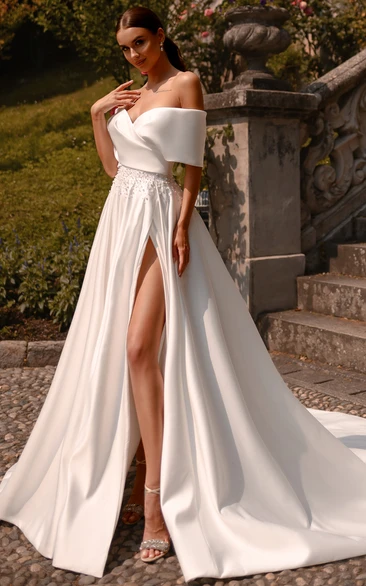 Elegant Off-the-shoulder Empire Satin Front Split Simple Wedding Dress with Beaded Waist