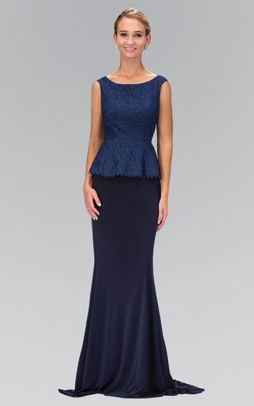 Sheath Floor-Length Scoop-Neck Sleeveless Jersey Dress With Peplum