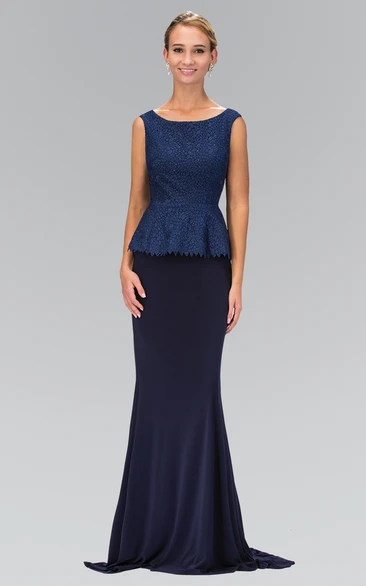 Sheath Floor-Length Scoop-Neck Sleeveless Jersey Dress With Peplum