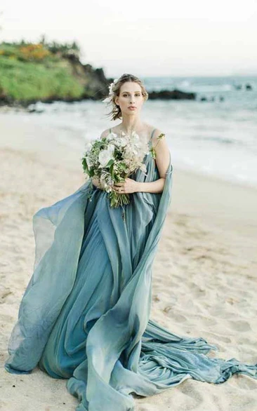 Casual Beach Blue Chiffon Empire Pleated Spaghetti Wedding Bridesmaid Dress