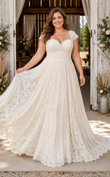 Robe de mariée grande taille à manches courtes en dentelle, coupe trapèze, avec jupe entièrement appliquée