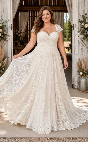 Plus Size Brautkleid in A-Linie mit kurzen Ärmeln aus Spitze und voluminösem Applikationsrock