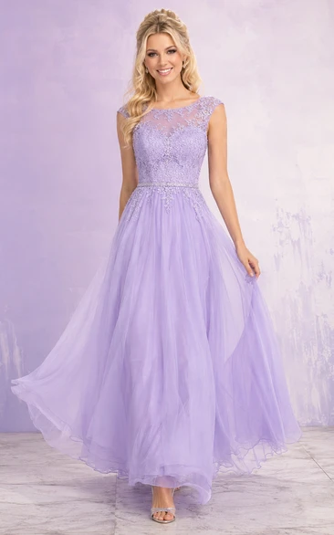 Lavender Tea Length Tulle A-Line Dress with Lace Bodice