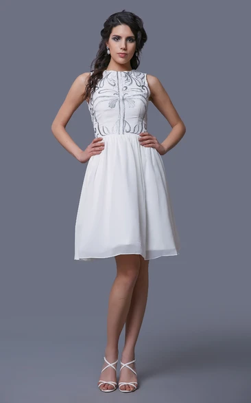 Jewel Neck Sleeveless A-Line Knee Length Chiffon Dress With Embroidery