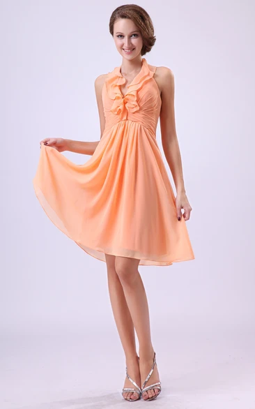 Chiffon Knee-Length Dress With Ruffled Neckline and Pleating