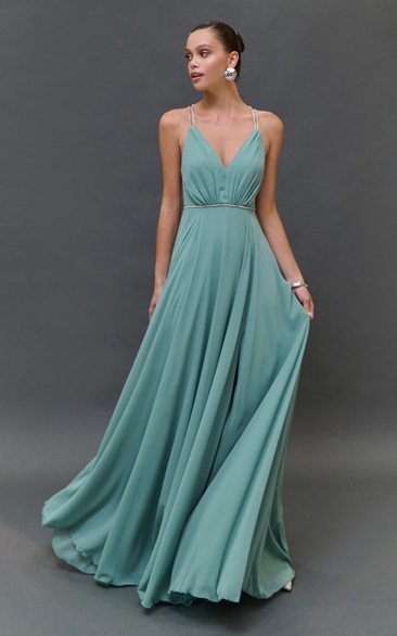 Spaghetti Empire Chiffon Floor-length Dress with Beadings