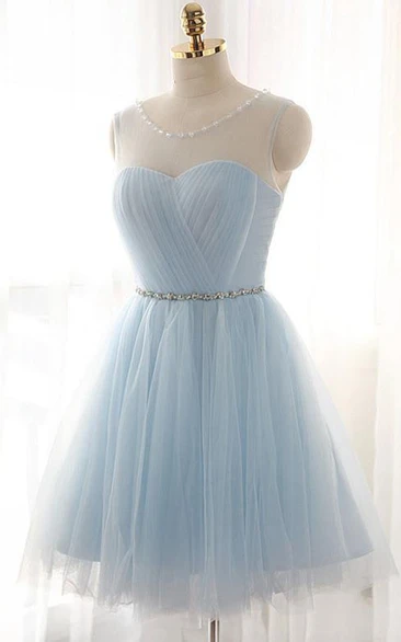 Scoop Neck Beaded Pleats Short Prom Dress