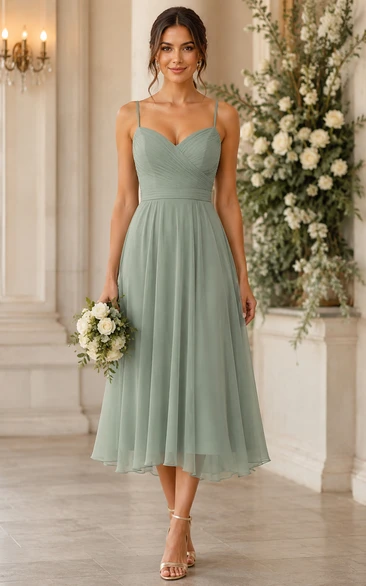 Sage Spaghetti Sweetheart Tea-Length Chiffon Bridesmaid Dress