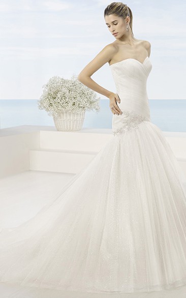 Trumpet Beaded Long Sweetheart Tulle Wedding Dress With Ruching And Bow
