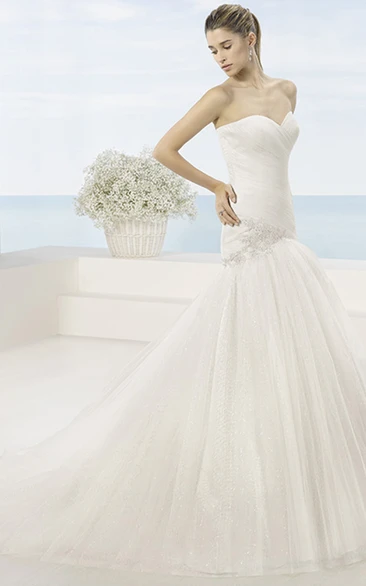 Trumpet Beaded Long Sweetheart Tulle Wedding Dress With Ruching And Bow