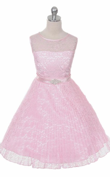 Tea-Length Illusion Pleated Lace&Satin Flower Girl Dress