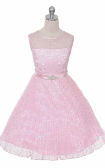 Tea-Length Illusion Pleated Lace&Satin Flower Girl Dress