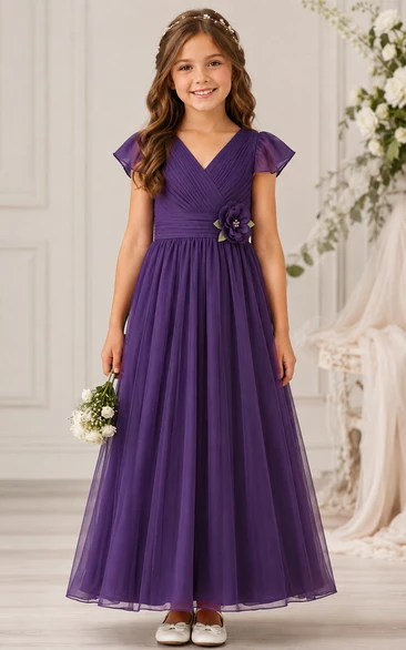 A-line Floor Length Cap Sleeve Chiffon Flower Girl Dress with Deep purple V-neck gown with ruched bodice and bow