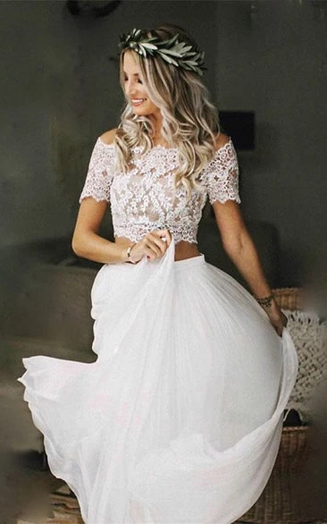 Two Piece Casual Off-the-shoulder Chiffon Wedding Dress with Lace Top