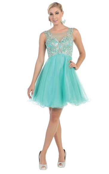 A-Line Short Bateau Sleeveless Tulle Illusion Dress With Beading And Pleats