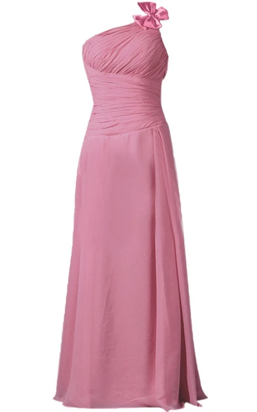 One-shoulder Ruched Chiffon A-line Gown With Bow