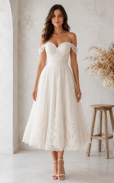 Off-the-Shoulder Tea-Length Lace Wedding Dress with Sweetheart Neck
