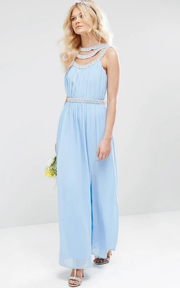 Scoop-Neck Sleeveless Ankle-Length Ruched Chiffon Bridesmaid Dress With Beading And Split Front